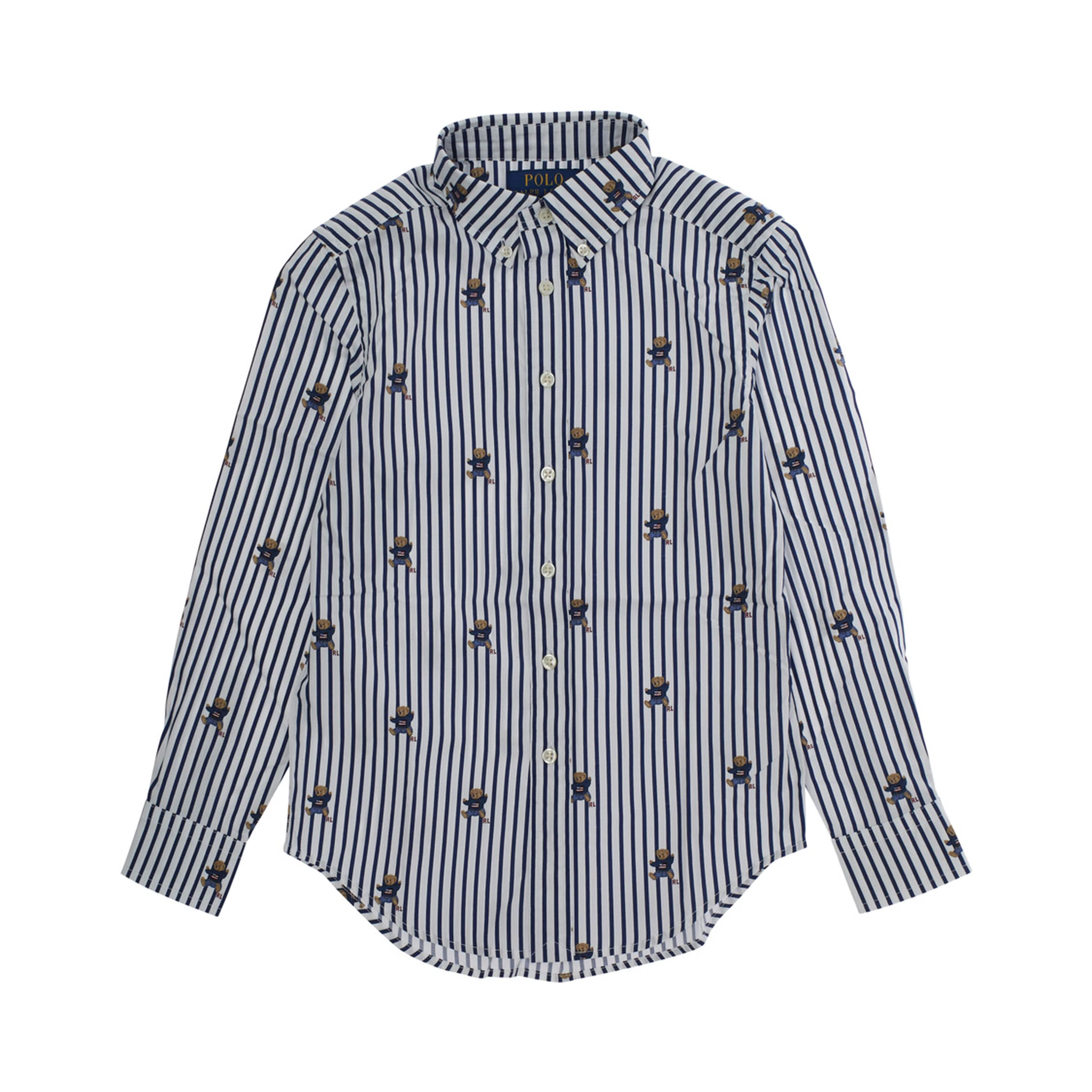 Blue Shirt with All-Over Striped Motif and Bear Print in Cotton Boy