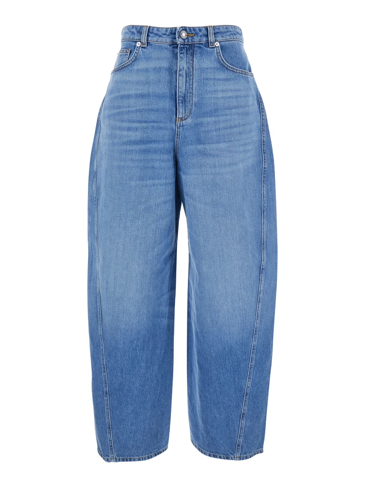 Blue Jeans with Logo Patch on the Rear and Wide Leg in Denim Woman