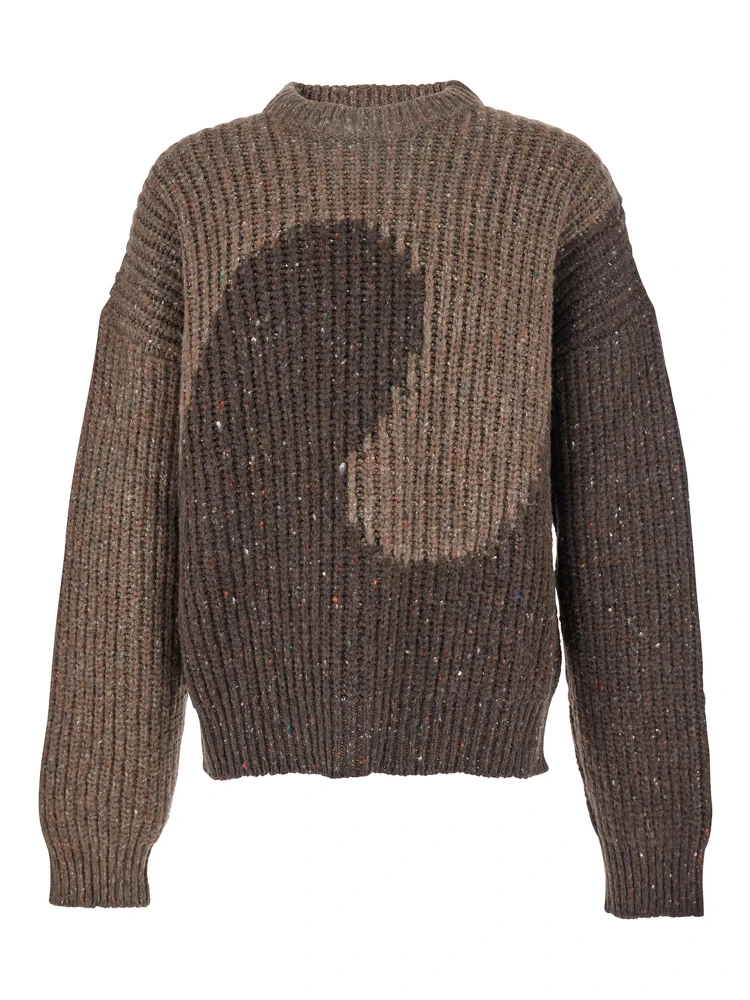 Brown Knit Crewneck Sweater with Bicolor Motif in Wool Blend Man