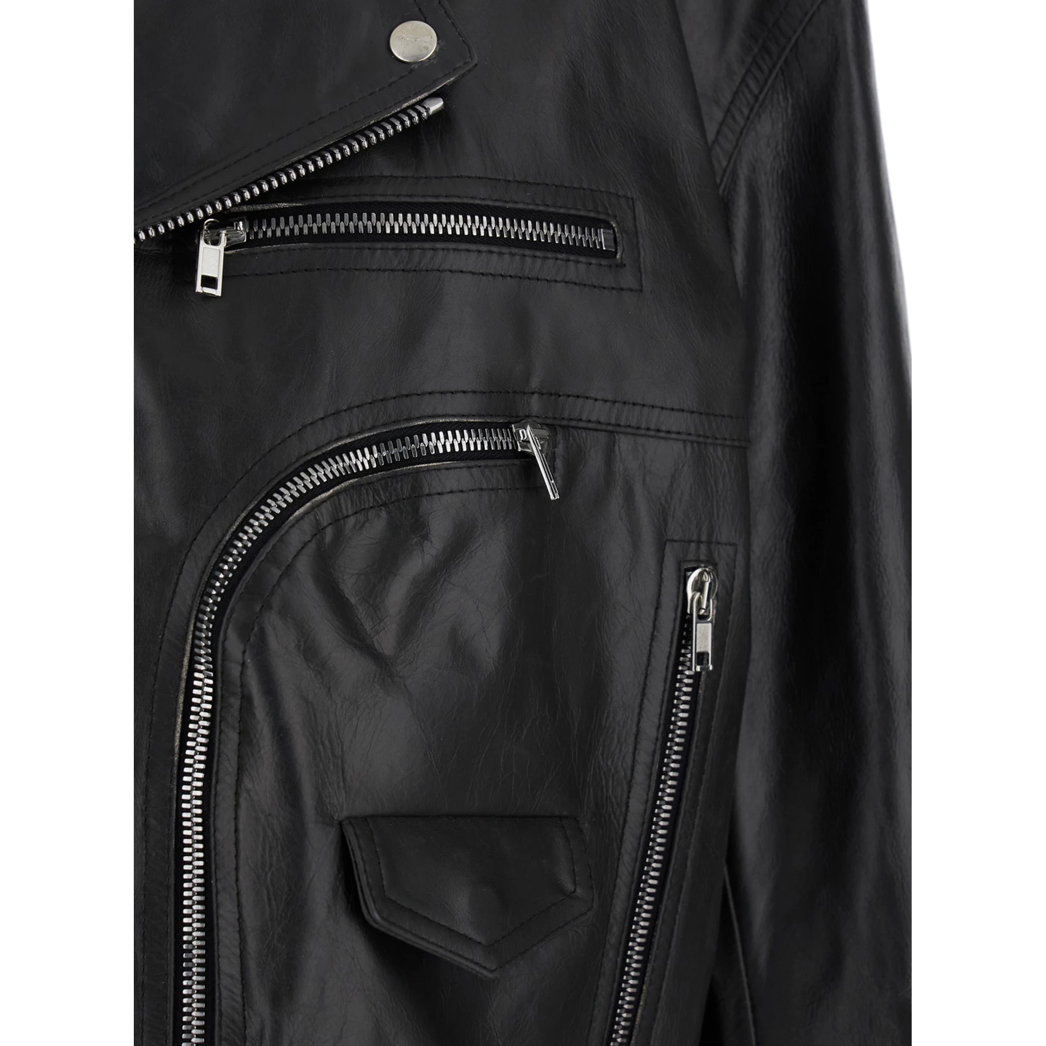 Jumbo Black Cropped Jacket with Notched Revers and Waist Belt in Leather Woman