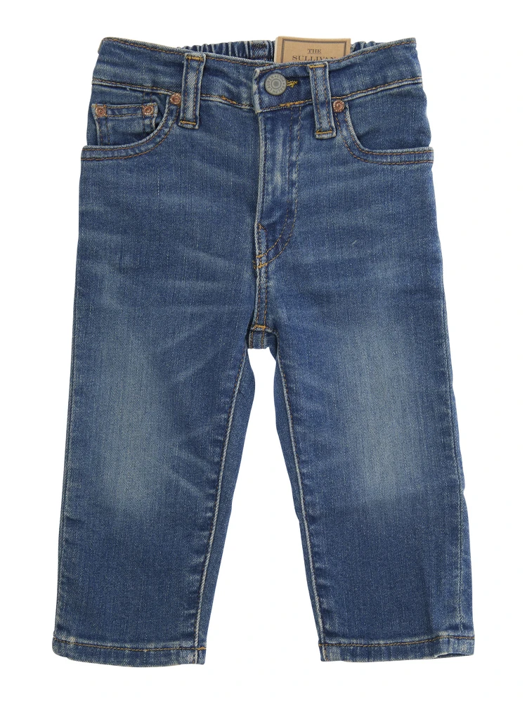 Blue Jeans with Elasticised Waist and Logo on Back in Cotton Baby