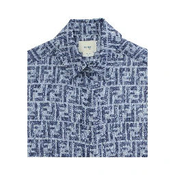 Blue Shirt with Classic Collar and All-Over FF Motif in Linen Boy