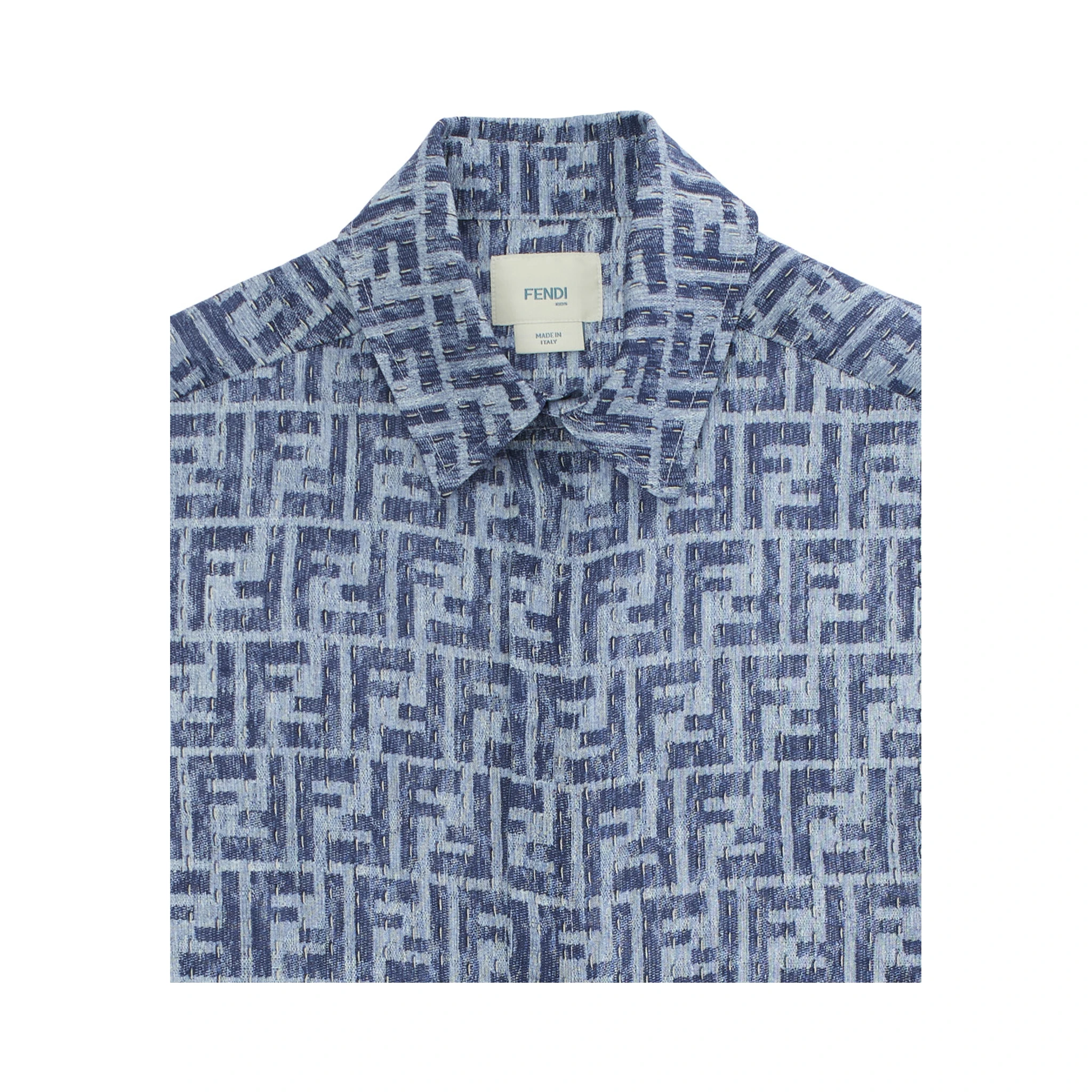 Blue Shirt with Classic Collar and All-Over FF Motif in Linen Boy