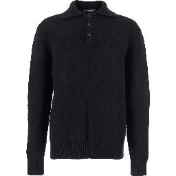 Black Sweater with Polo Collar and Back Logo Patch in Wool Man