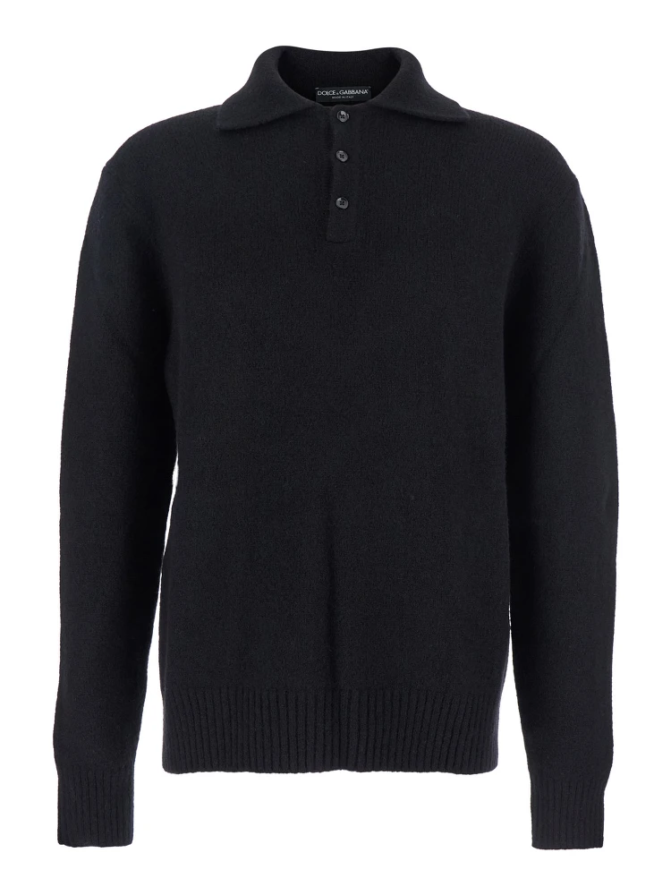 Black Sweater with Polo Collar and Back Logo Patch in Wool Man