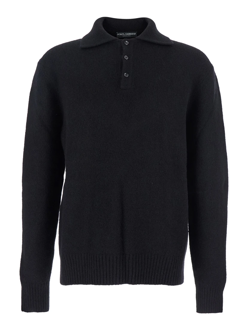 Black Sweater with Polo Collar and Back Logo Patch in Wool Man