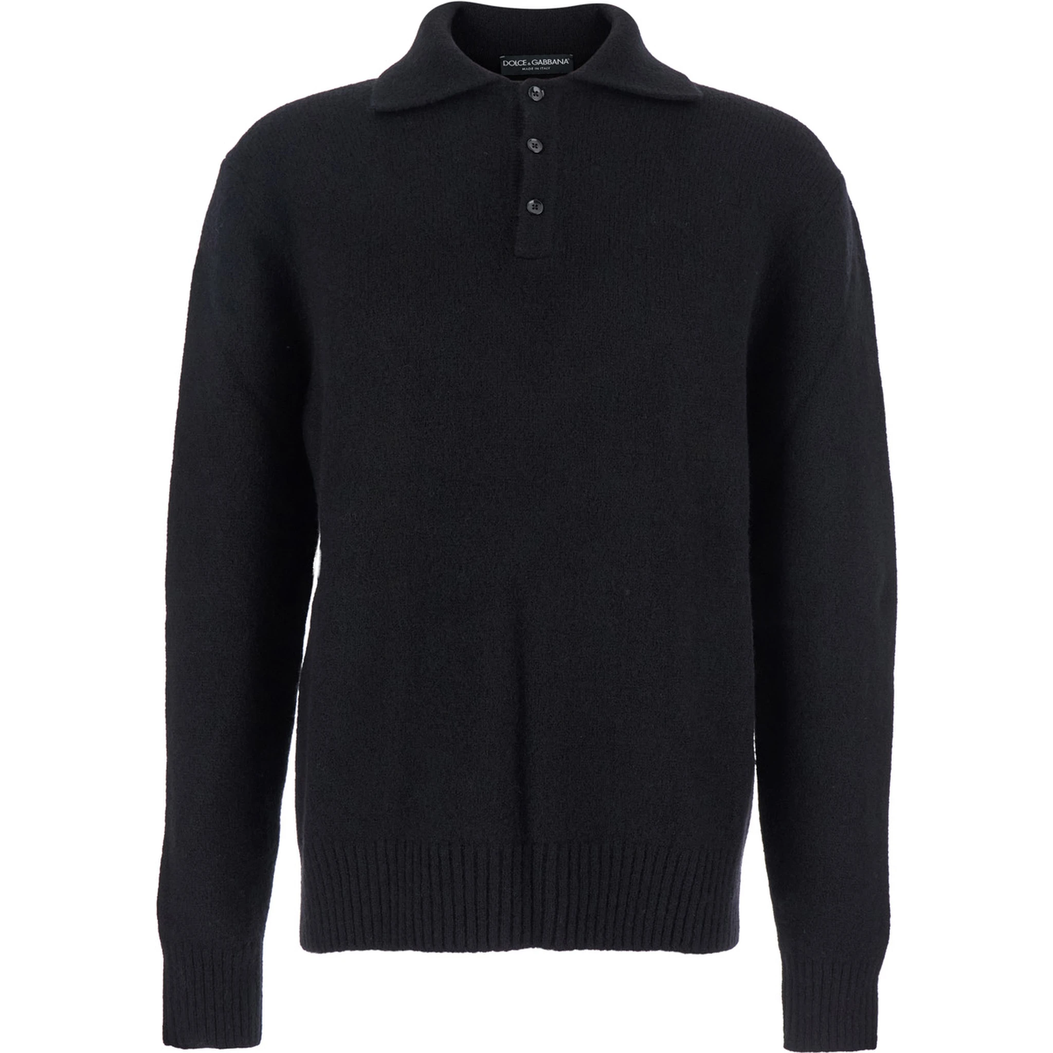 Black Sweater with Polo Collar and Back Logo Patch in Wool Man