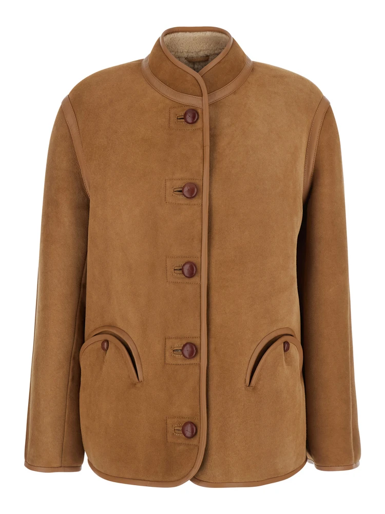 Tatoosh Beige Shearling Jacket with Two Front Welt Pockets in Fur Woman