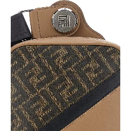 Brown Crossbody Bag with Logo Plaque on the Front and Shoulder Strap in FF Canvas and Leather Woman