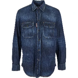 Blue Shirt with Pointed Collar and Elbow Patches in Denim Man