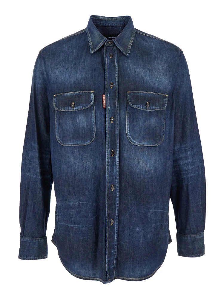 Blue Shirt with Pointed Collar and Elbow Patches in Denim Man