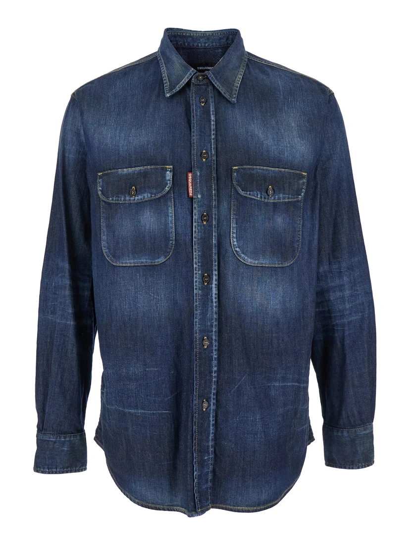Blue Shirt with Pointed Collar and Elbow Patches in Denim Man