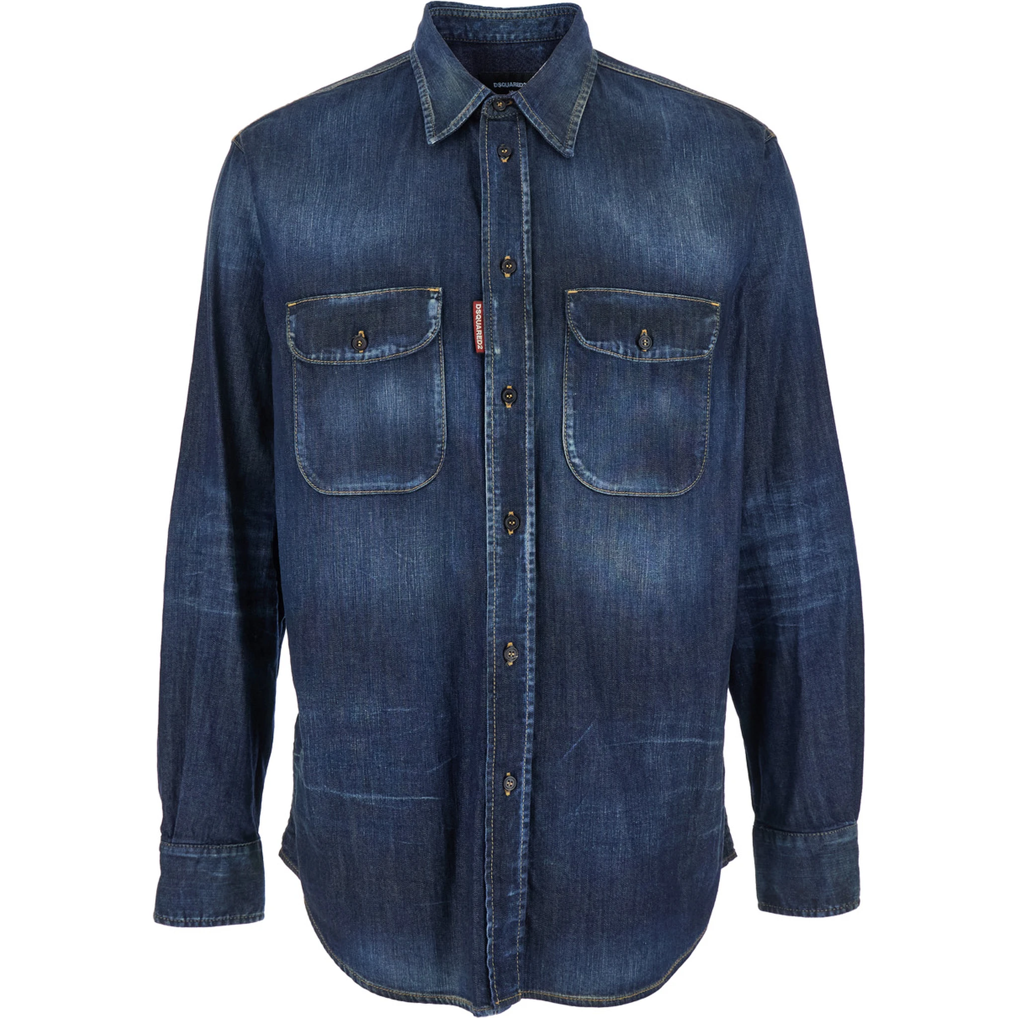 Blue Shirt with Pointed Collar and Elbow Patches in Denim Man
