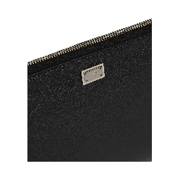 Black Clutch with Removable Wrist Strap and Logo Plaque on the Front in Grained Leather Man