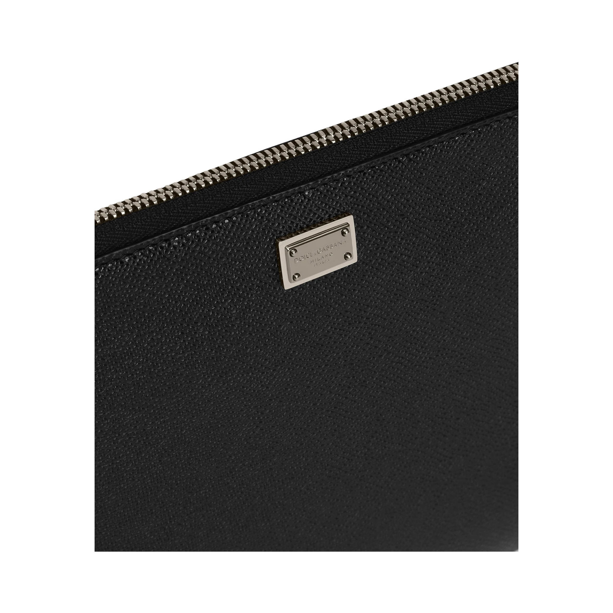 Black Clutch with Removable Wrist Strap and Logo Plaque on the Front in Grained Leather Man