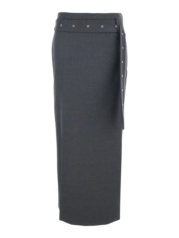 Grey Skirt with Waist Belt in Fabric Woman