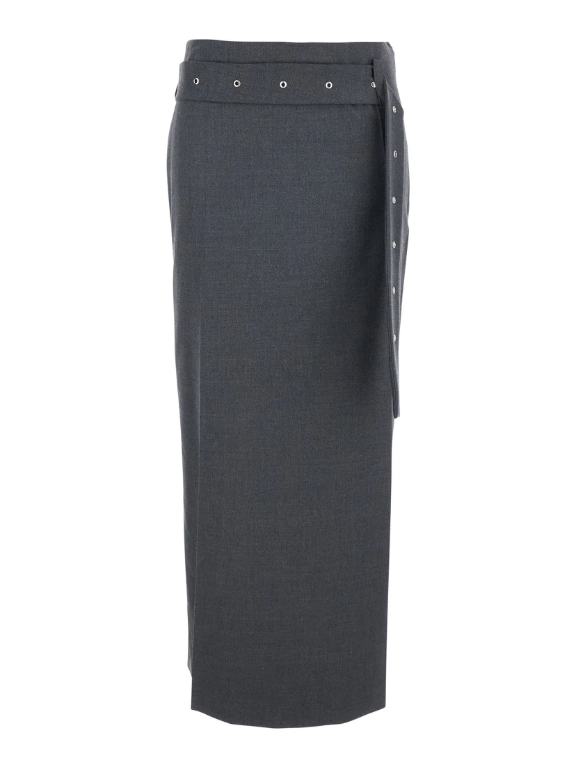 Grey Skirt with Waist Belt in Fabric Woman