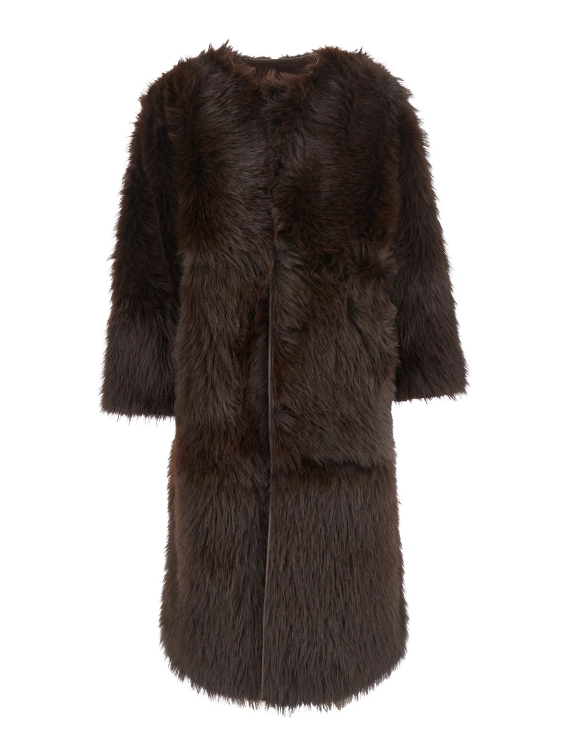 Brown Shearling with Hidden Front Fastening in Faux Fur Woman