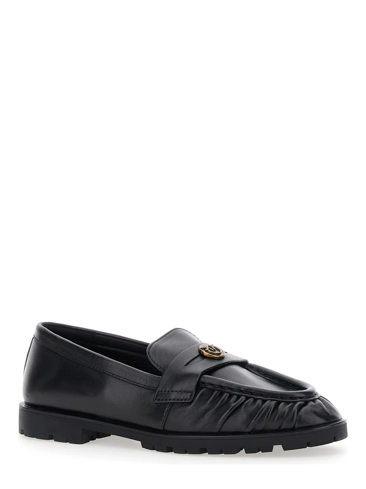 Black Loafers with Metallic Logo on the Front in Crumpled Leather Woman alternative