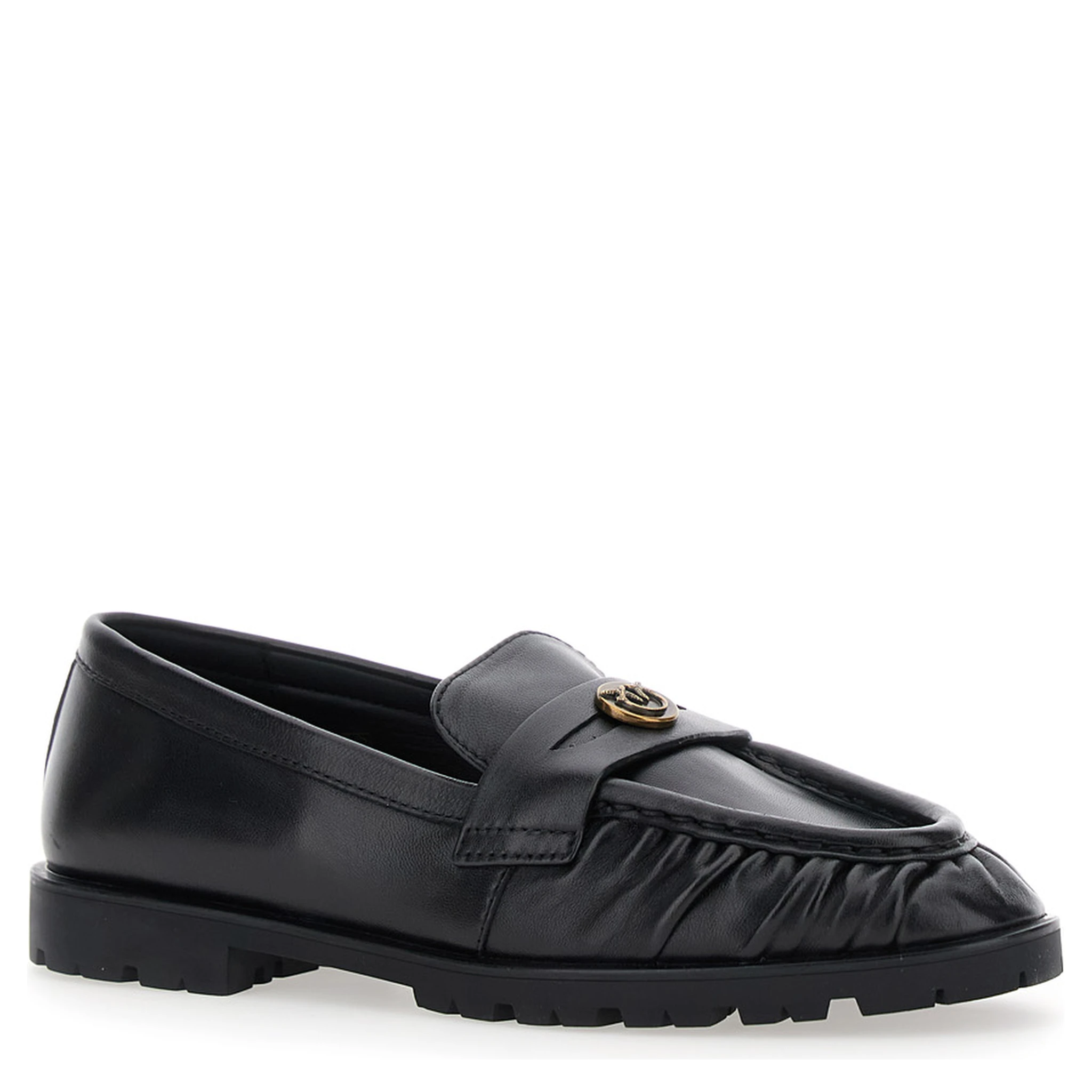 Black Loafers with Metallic Logo on the Front in Crumpled Leather Woman