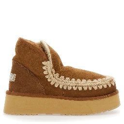 Mini Eskimo Beige Ankle Boots with Logo Patch on the Rear in Leather and Suede Woman
