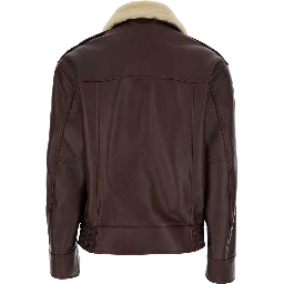 Brown Shearling Coat with Removable Fur Collar and Front Zip Closure in Leather Woman