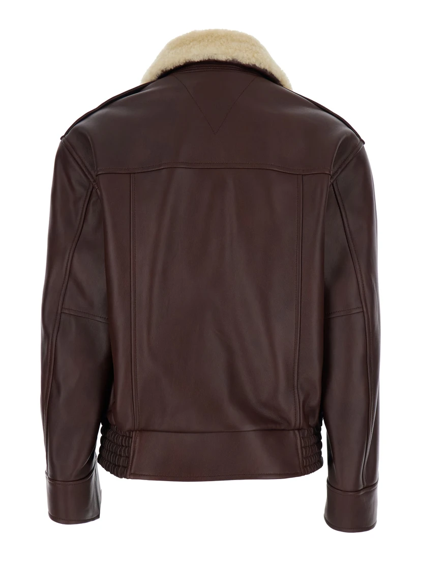 Brown Shearling Coat with Removable Fur Collar and Front Zip Closure in Leather Woman