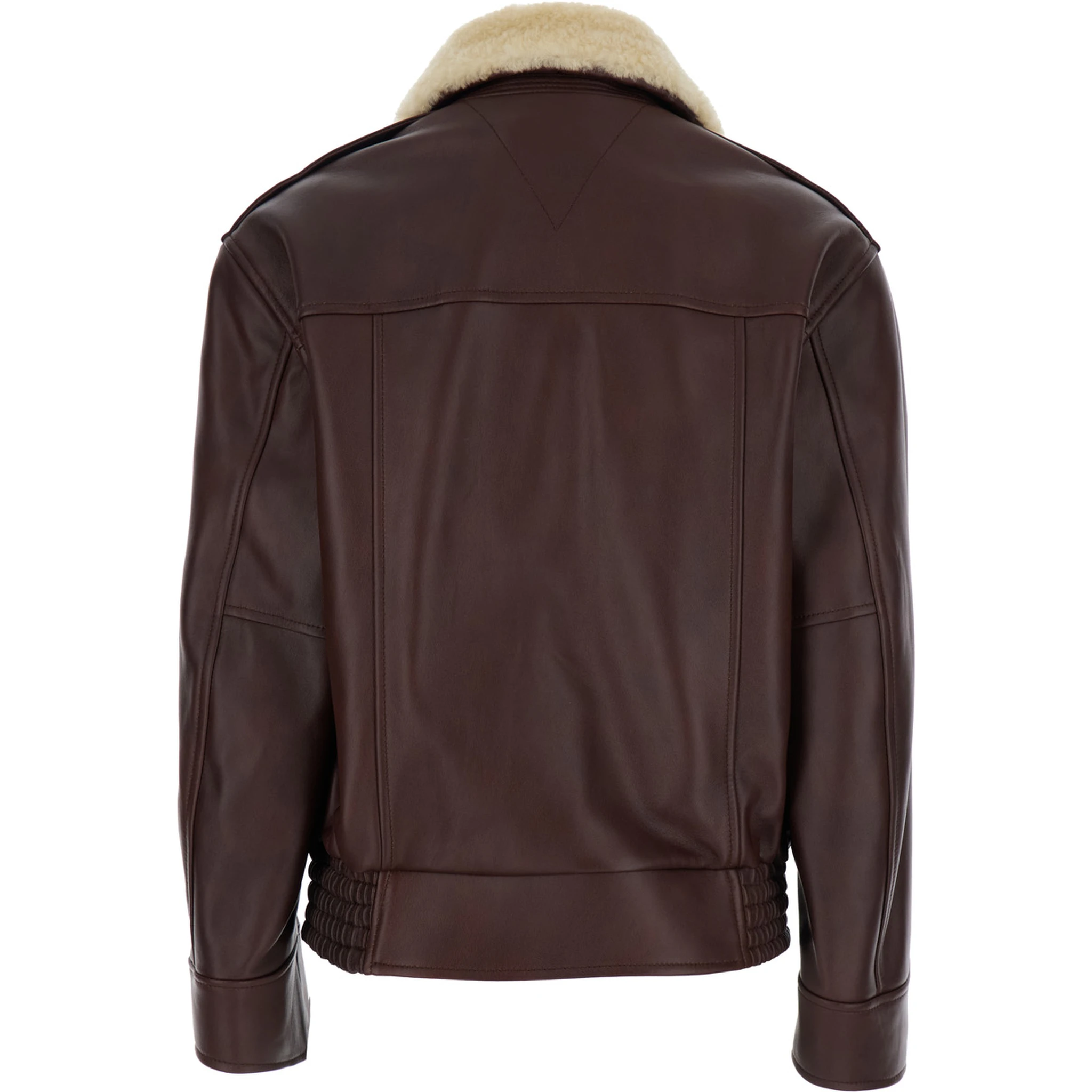 Brown Shearling Coat with Removable Fur Collar and Front Zip Closure in Leather Woman