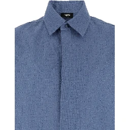 Blue Shirt with Pointed Collar and All-Over FF Motif in Linen Blend Man