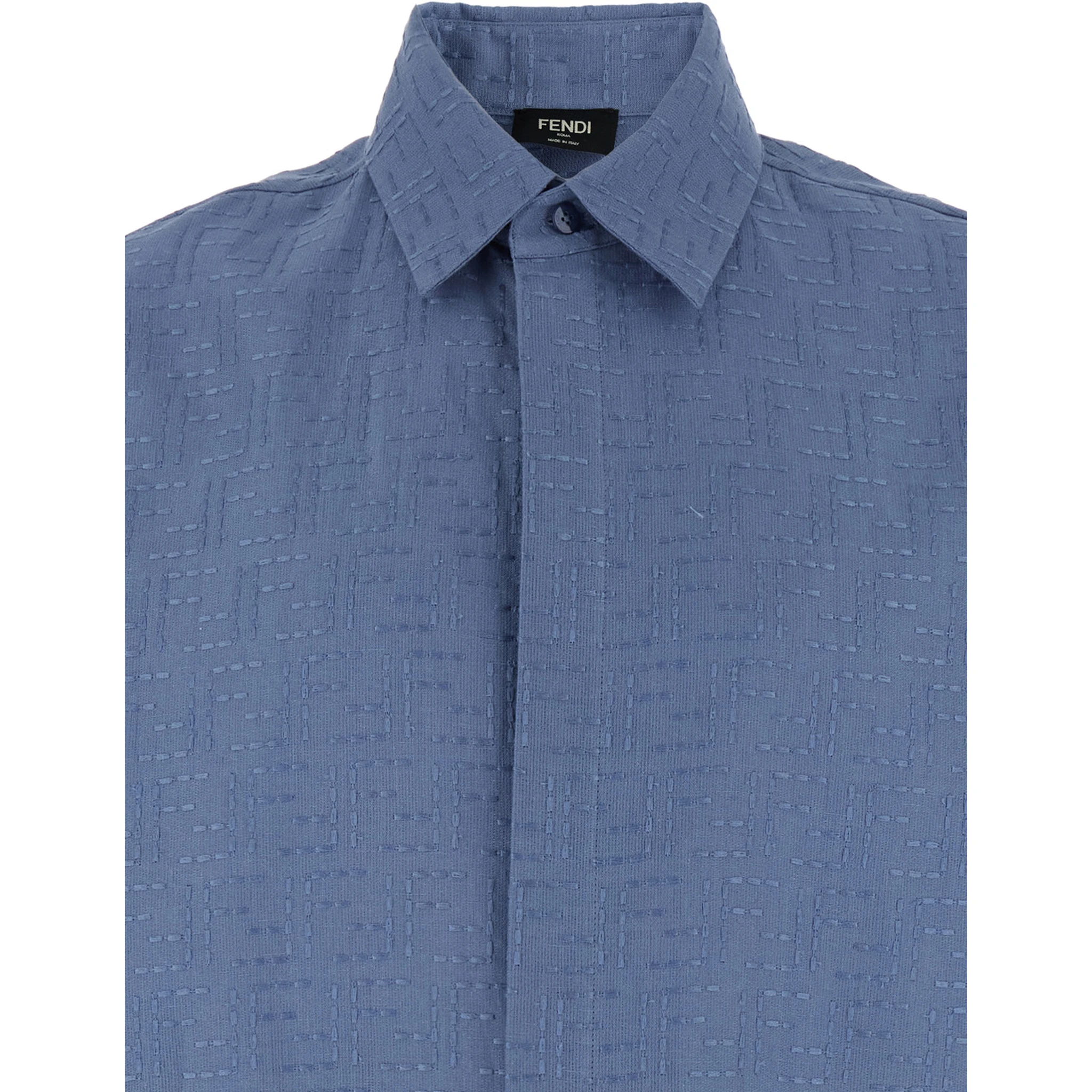 Blue Shirt with Pointed Collar and All-Over FF Motif in Linen Blend Man