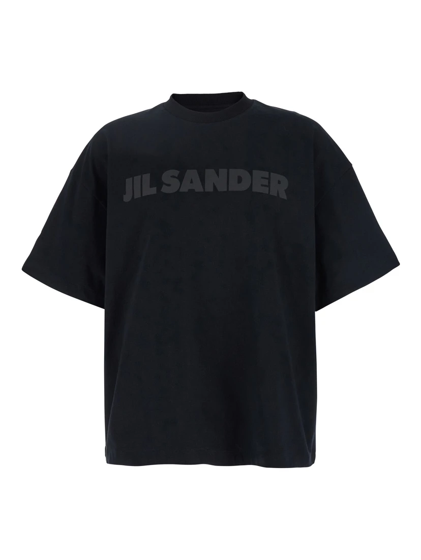 Black Crewneck T-Shirt with Front Logo Print in Cotton Man