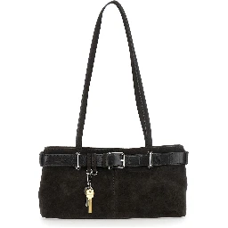 Brown Shoulder Bag with Belt Detail and Pendant Keys in Suede Woman