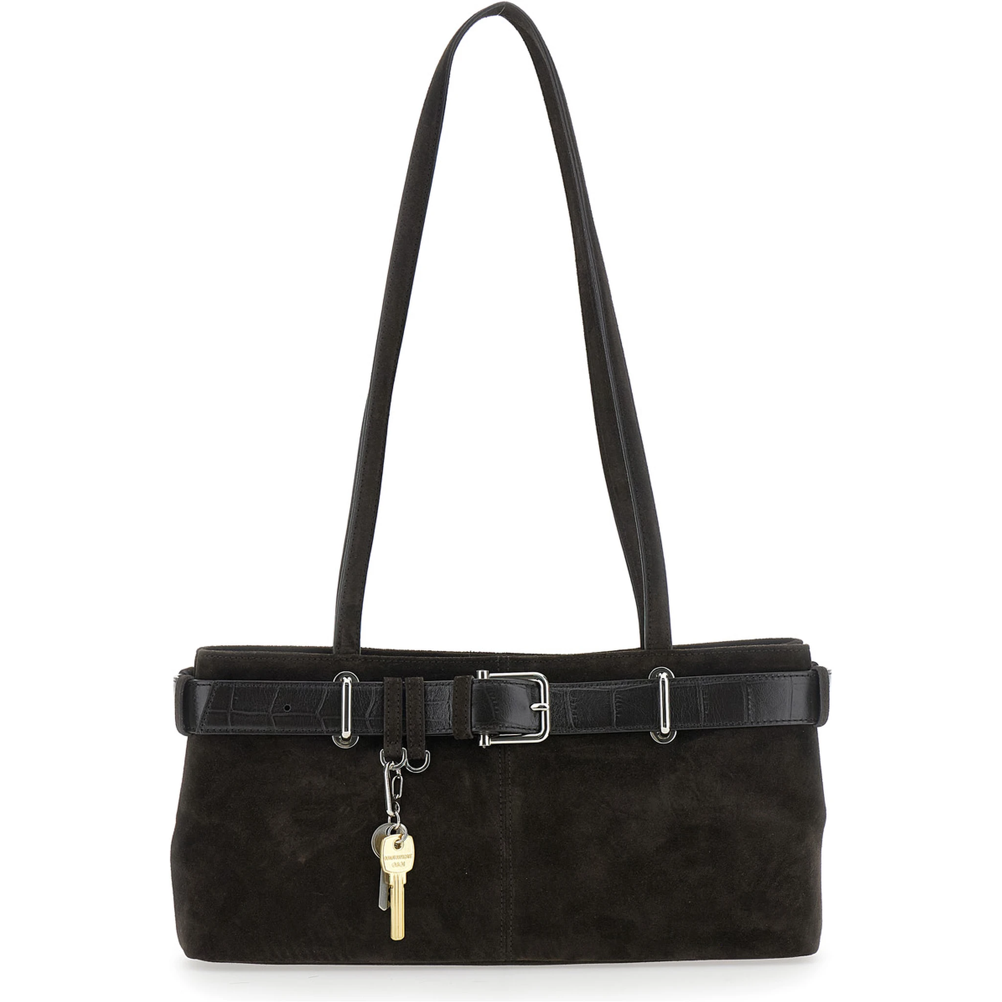 Brown Shoulder Bag with Belt Detail and Pendant Keys in Suede Woman