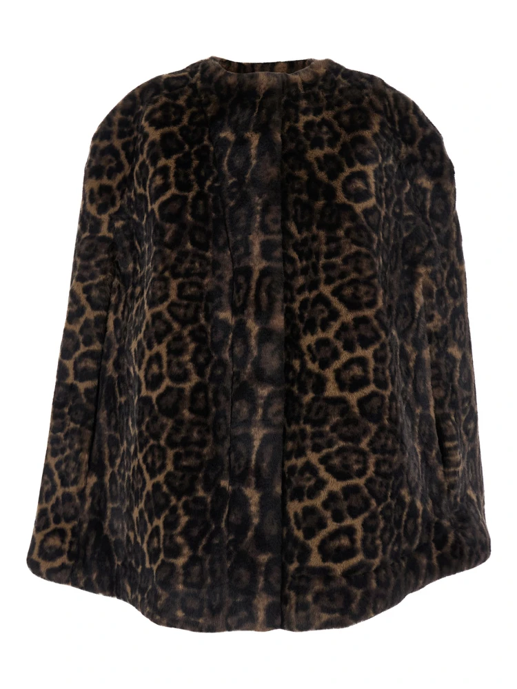 Sloane Brown Crewneck Fur Jacket with All-Over Leopard Motif in Ecofur Woman