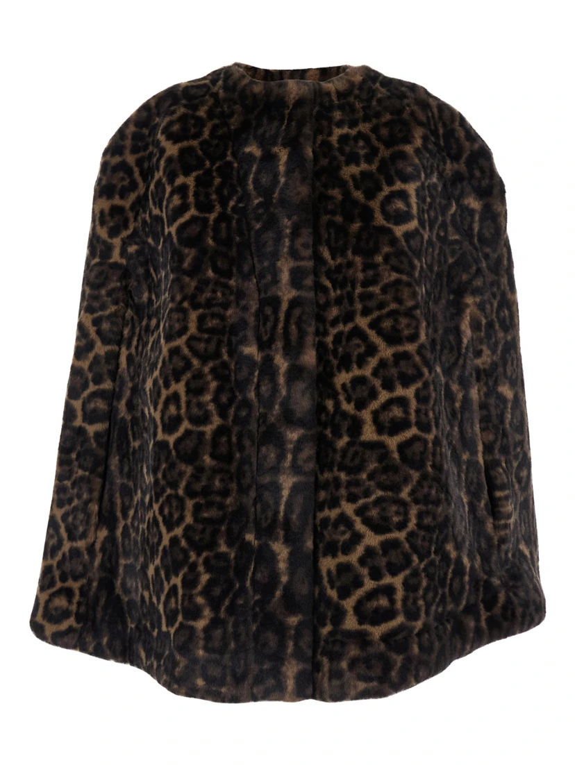 Sloane Brown Crewneck Fur Jacket with All-Over Leopard Motif in Ecofur Woman