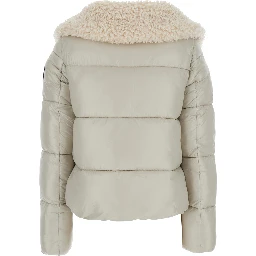 Moma Beige Down Jacket with Fur Collar and Logo on the Sleeve in Tech Fabric Woman