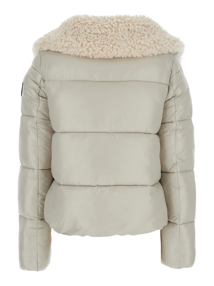 Moma Beige Down Jacket with Fur Collar and Logo on the Sleeve in Tech Fabric Woman alternative