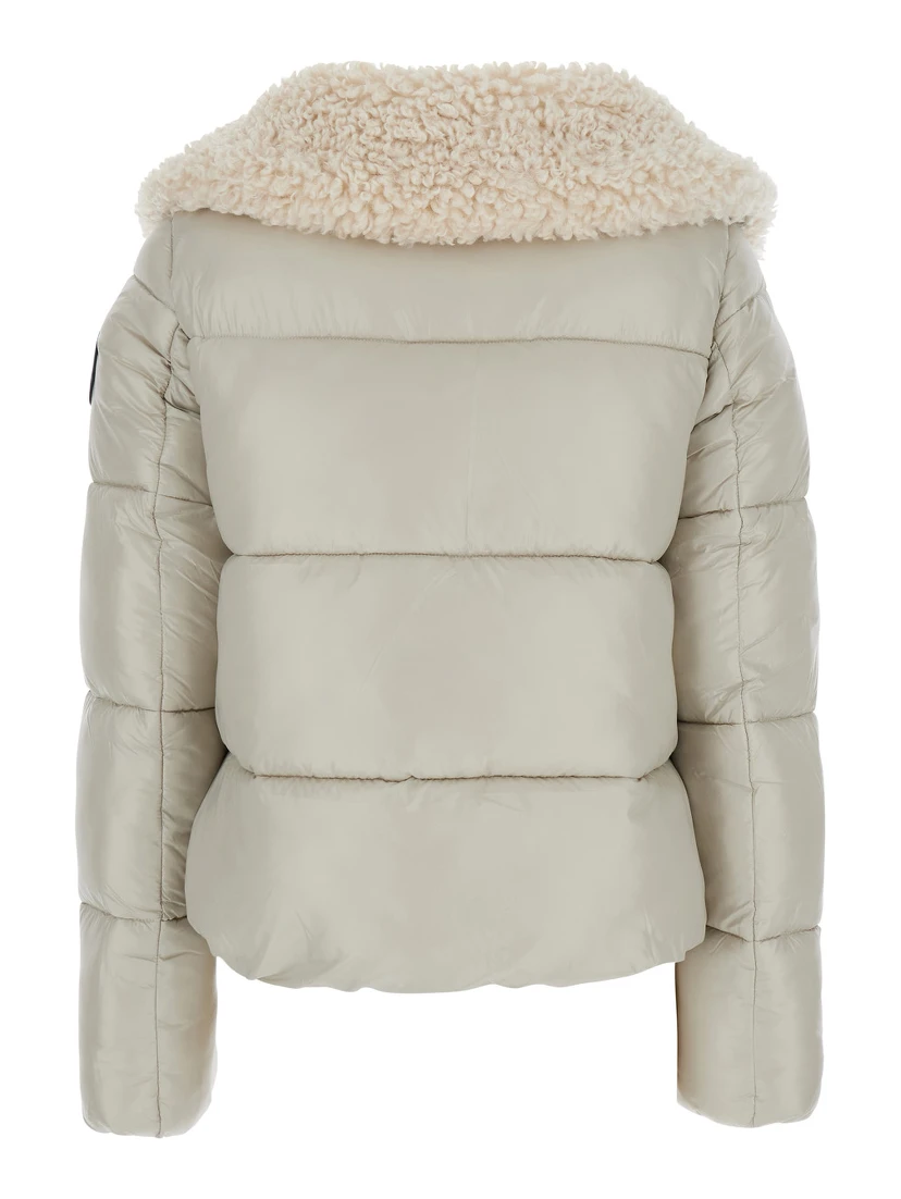 Moma Beige Down Jacket with Fur Collar and Logo on the Sleeve in Tech Fabric Woman