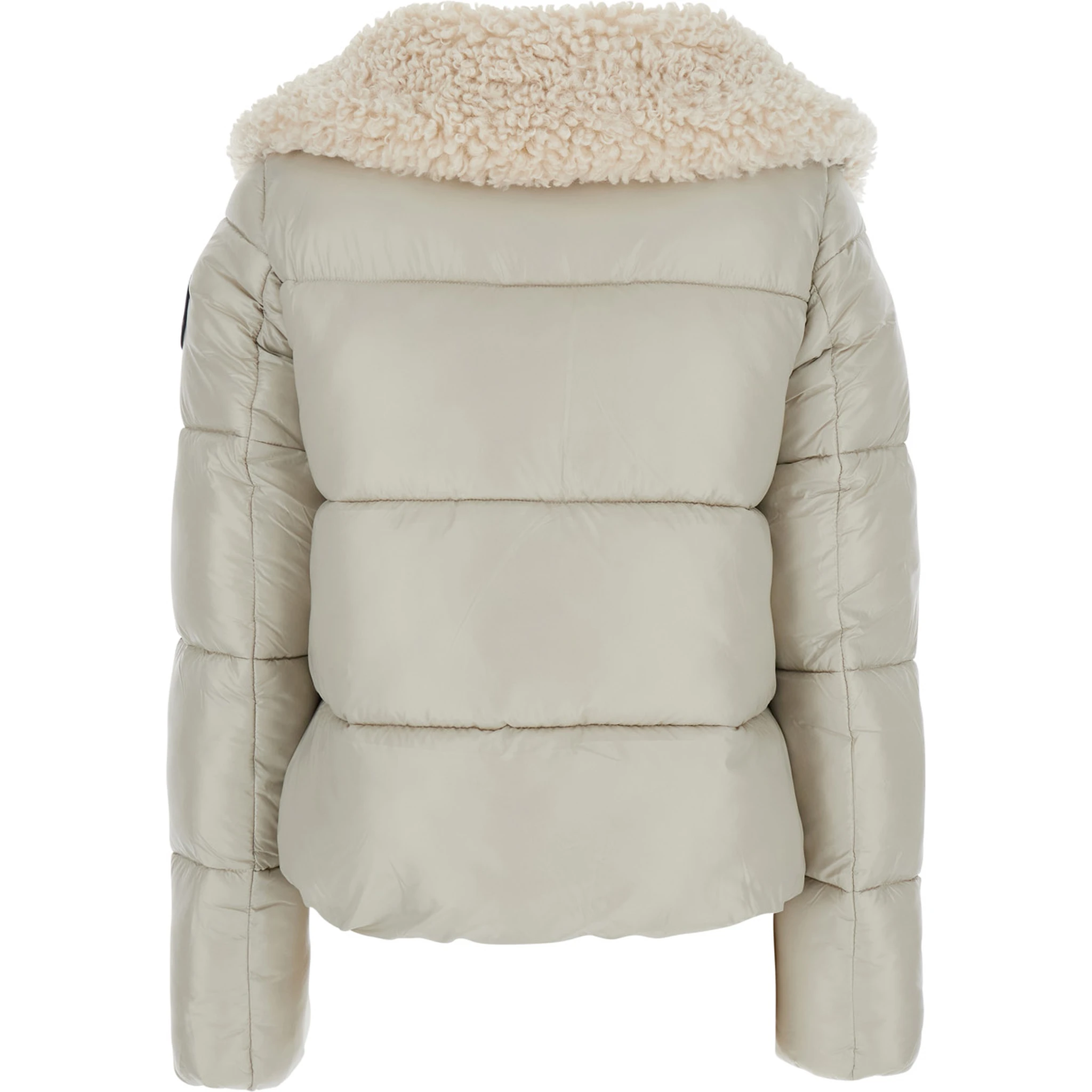 Moma Beige Down Jacket with Fur Collar and Logo on the Sleeve in Tech Fabric Woman