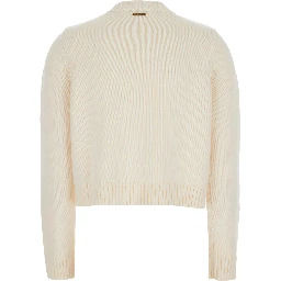 White Crewneck Cardigan with Ribbed Trims in Wool Woman