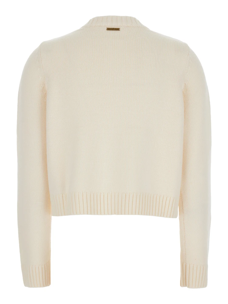 White Crewneck Cardigan with Ribbed Trims in Wool Woman alternative