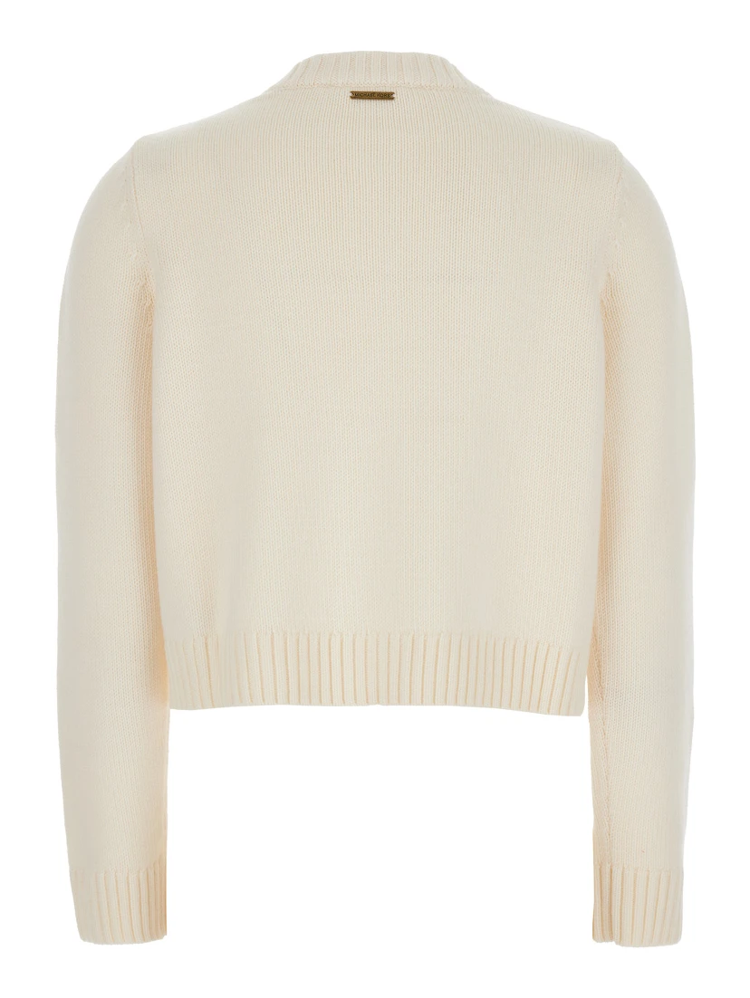 White Crewneck Cardigan with Ribbed Trims in Wool Woman