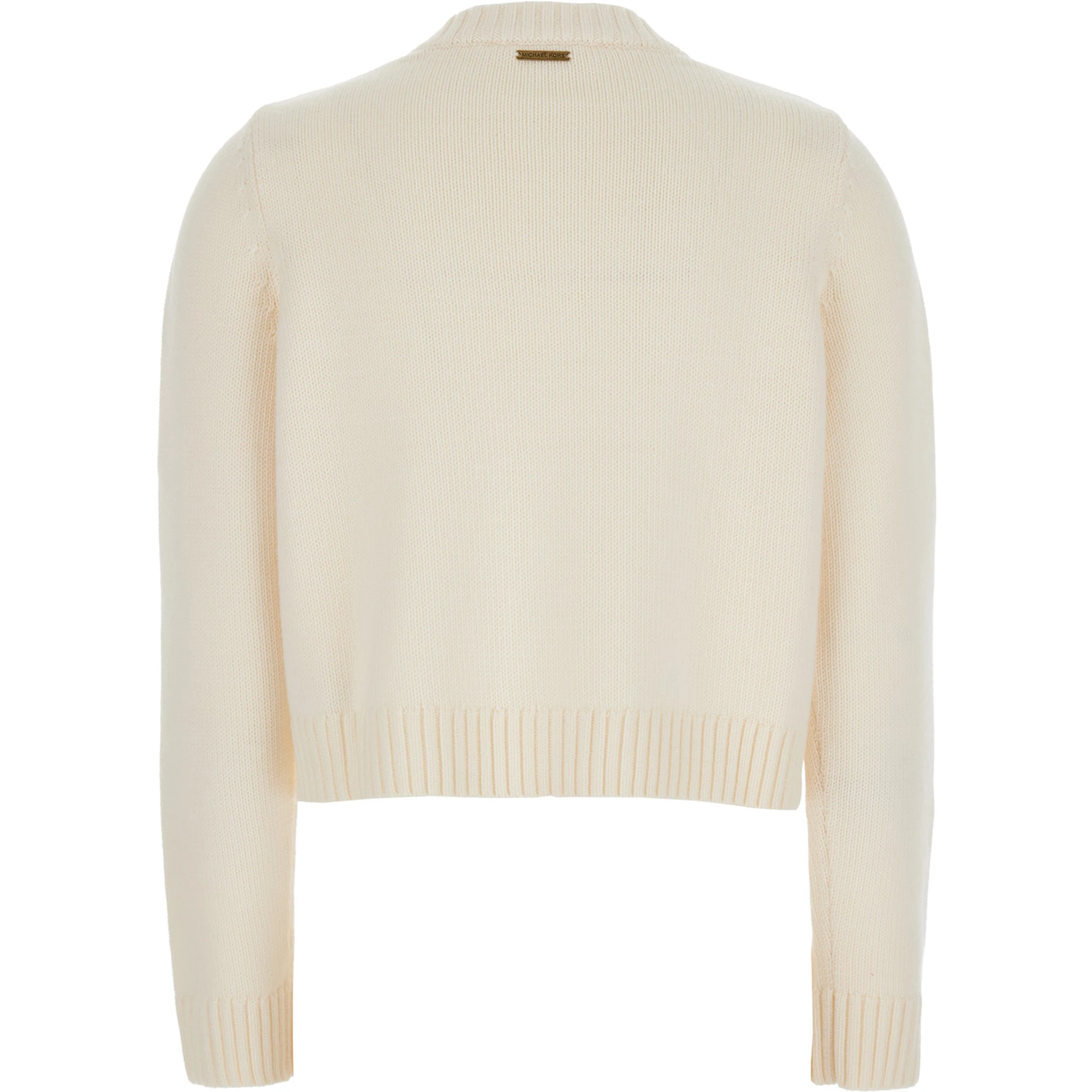 White Crewneck Cardigan with Ribbed Trims in Wool Woman