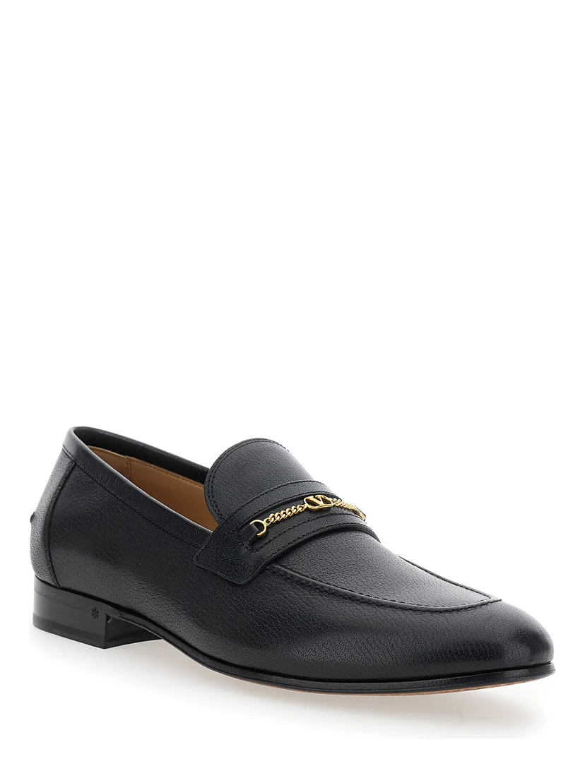 Black Loafers with Decorative VLogo Chain-Link Strap in Leather Man
