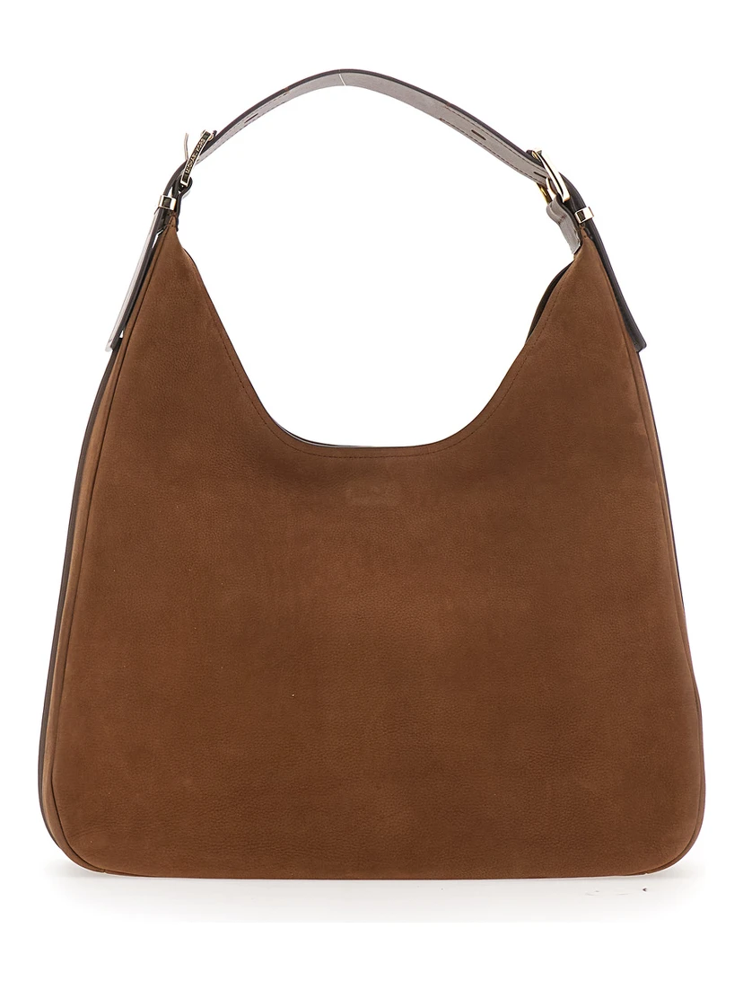 حقيبة كتف بنية اللون مزينة بشعار العلامة التجارية في الأمام، مصنوعة من الجلد، للنساء