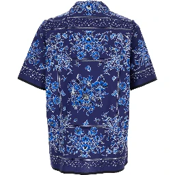 قميص بولينغ أزرق بياقة كوبية وطبعة زهور كاملة من القطن للرجال