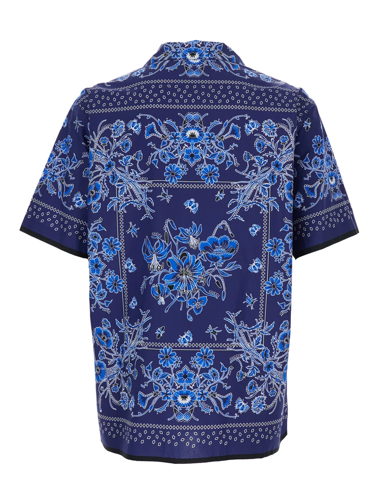 قميص بولينغ أزرق بياقة كوبية وطبعة زهور كاملة من القطن للرجال alternative