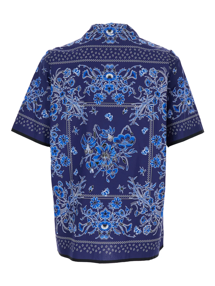 قميص بولينغ أزرق بياقة كوبية وطبعة زهور كاملة من القطن للرجال