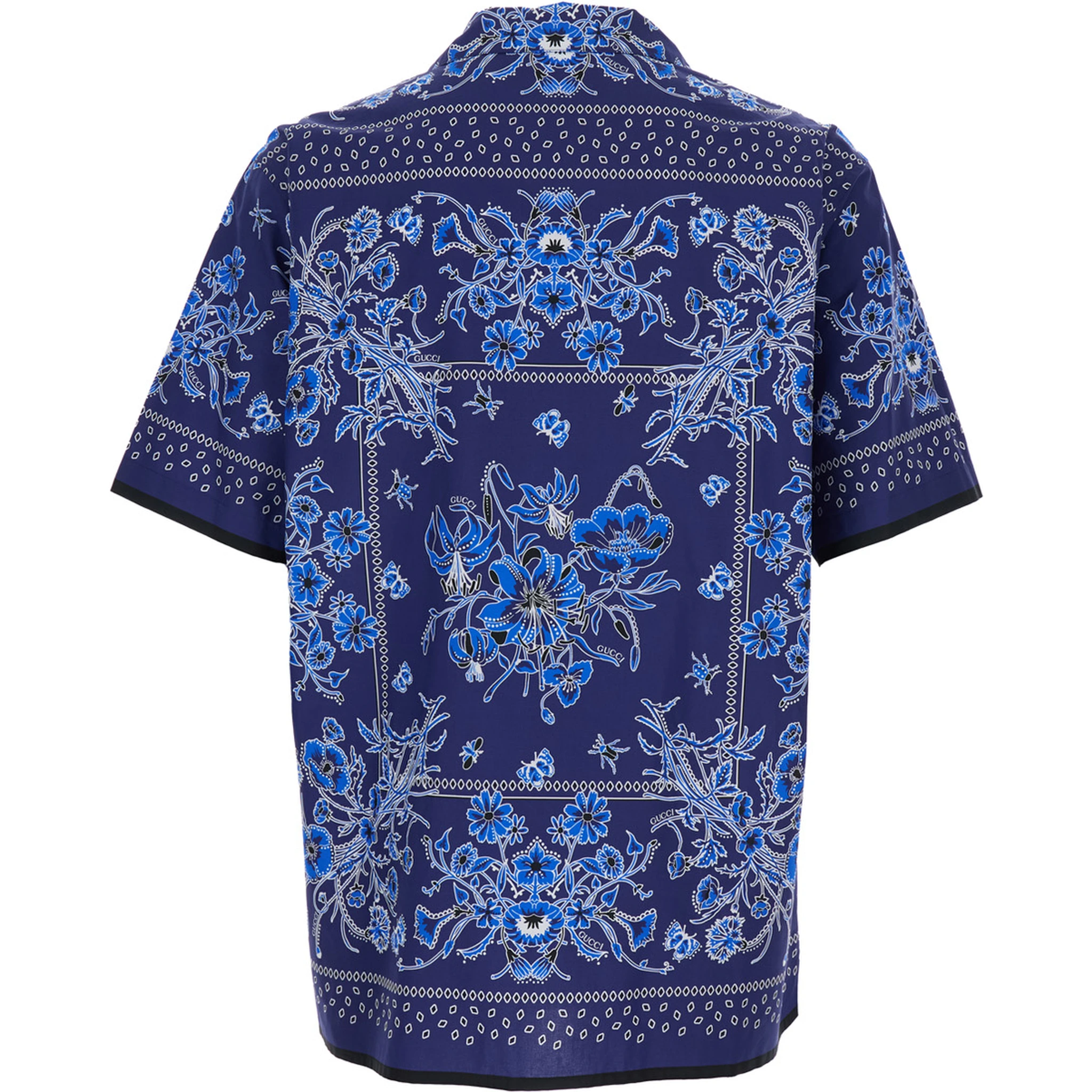 قميص بولينغ أزرق بياقة كوبية وطبعة زهور كاملة من القطن للرجال