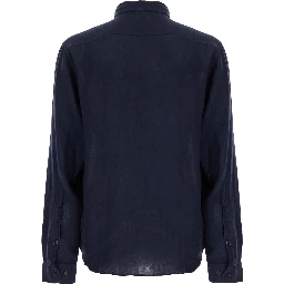 Blue Shirt with Lettering Logo Printed on the Front in Linen Man